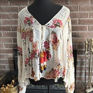 Zara Ivory Floral Peasant Blouse with Pink & Mustard Accents